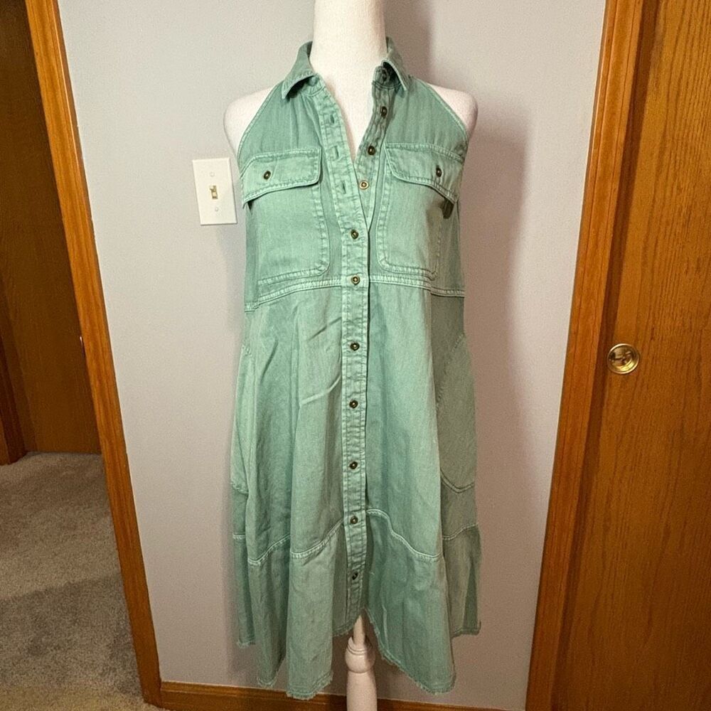 Pilcro Anthropologie sleeveless halter swing midi dress green size XS petite NEW